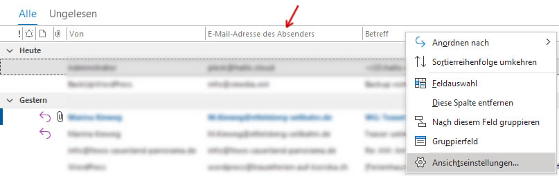 Outlook Kopfzeile Absender-Email