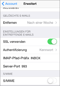 Einstellungen für IMAP: SSL verwenden: ja, IMAP-Pfad-Präfix: INBOX, Server-Port: 993